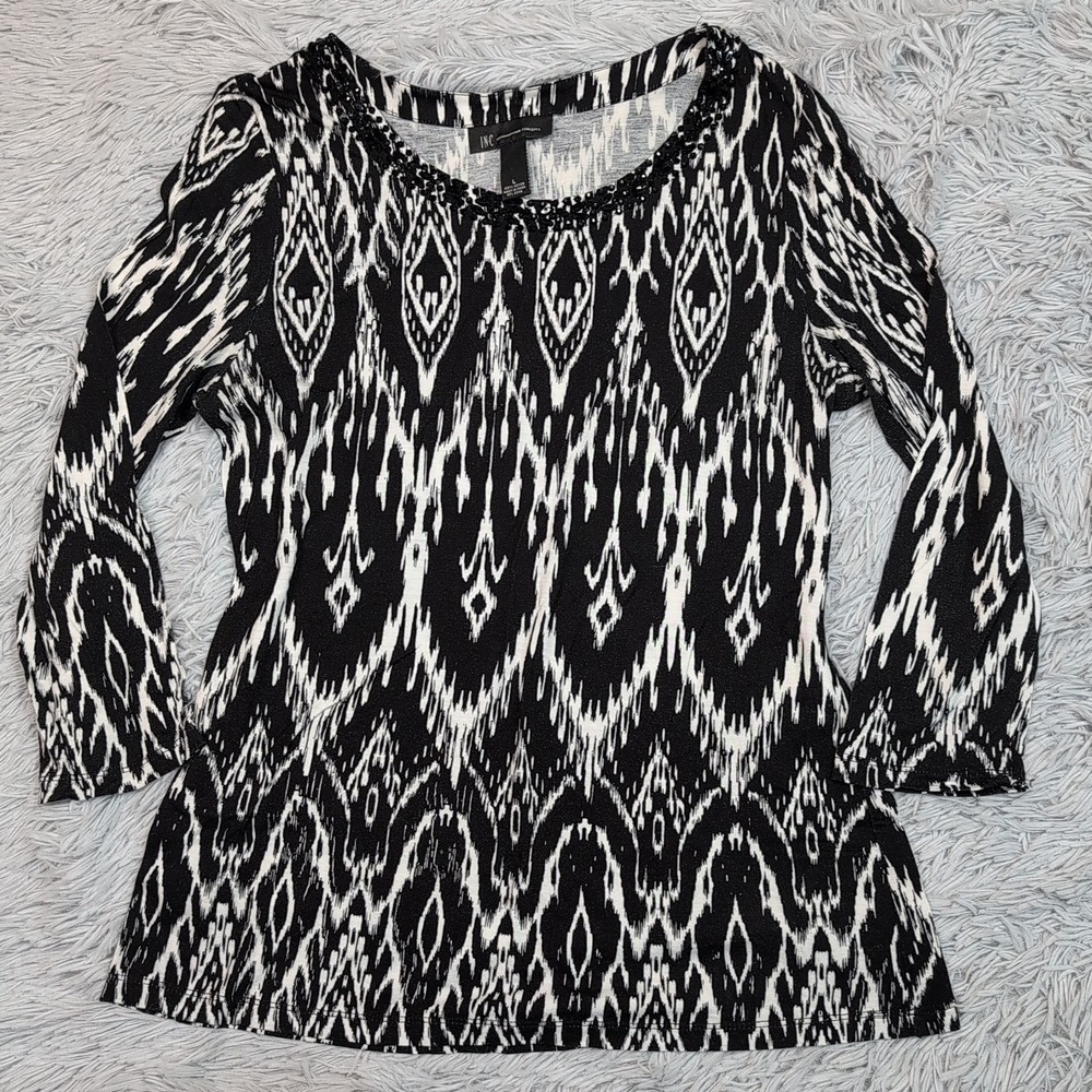 INC Shirt Womens L Black White Blouse Casual Top Comfort Lightweight Jeweled